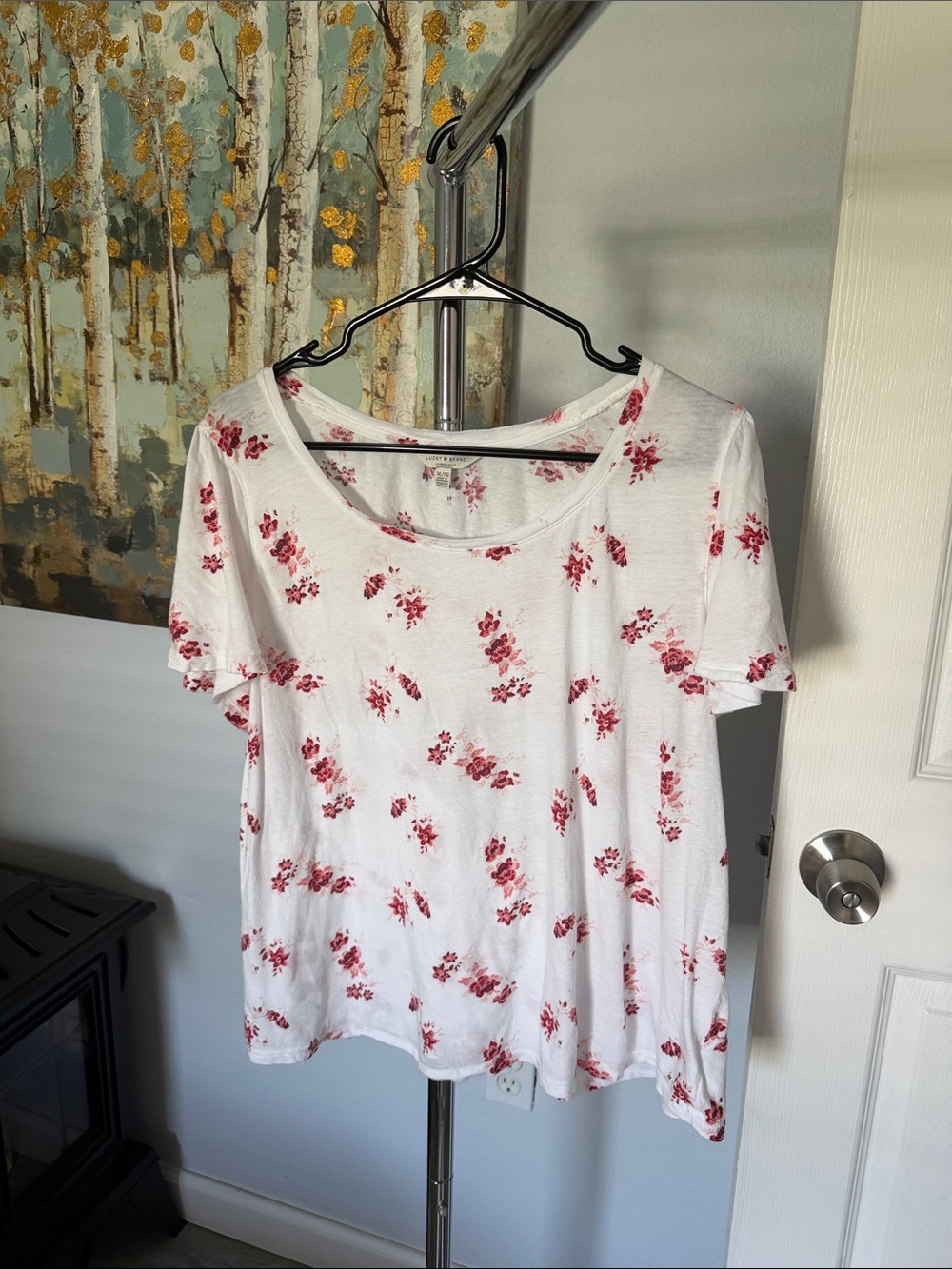 Lucky Brand White Short Sleeve Tee with Red Floral Print